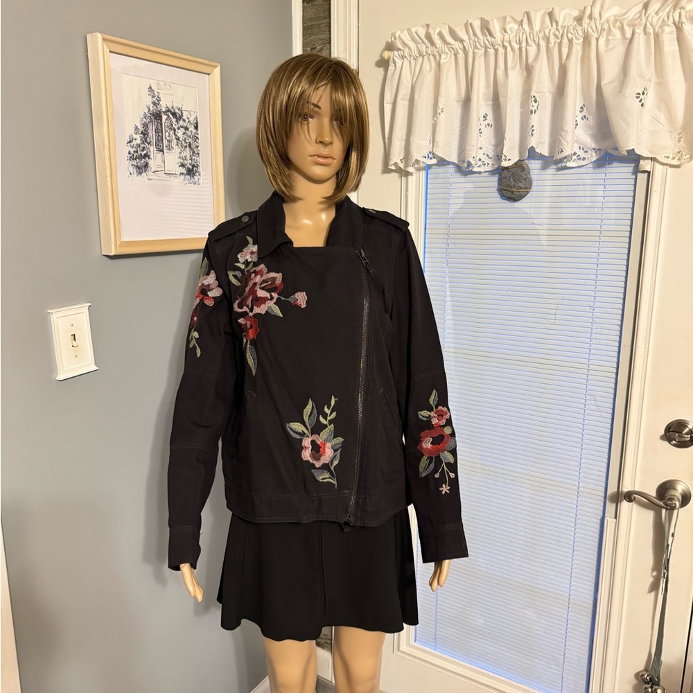 Kenzie Jeans Black Embroidered Jacket SZ LG